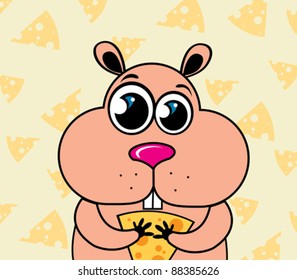 Cartoon funny hamster with cheese slice  on a yellow  background