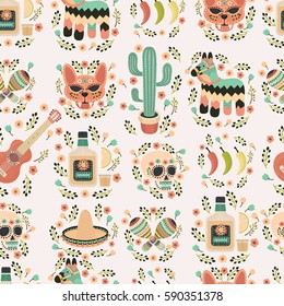 Cartoon funny hand drawn latin american, mexican seamless pattern. Lots of symbols, objects and elements. Perfect funny vector background. Mexican party