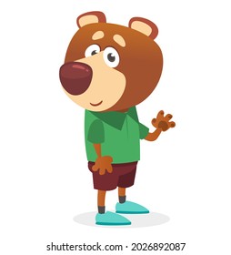 Cartoon funny and happy bear in modern fancy style wearing clothes. Vector illustration isolated. 