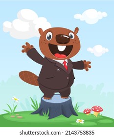 Cartoon funny and happy beaver standing on the summer meadow on the tree stump wearing toxedo. Vector illustration isolated