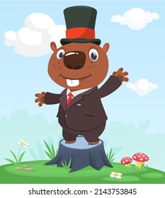 Cartoon funny and happy beaver standing on the summer meadow on the tree stump wearing toxedo. Vector illustration isolated
