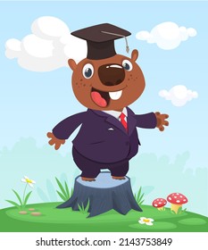 Cartoon funny and happy beaver standing on the summer meadow on the tree stump wearing toxedo. Vector illustration isolated