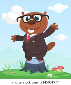 Cartoon funny and happy beaver standing on the summer meadow on the tree stump wearing toxedo. Vector illustration isolated
