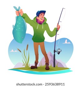 Cartoon funny happy cheerful young fisherman character showing caught fish