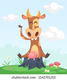 Cartoon funny   happy cow standing the summer meadow the tree stump  Vector illustration isolated