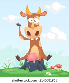 Cartoon funny   happy cow standing the summer meadow the tree stump  Vector illustration isolated