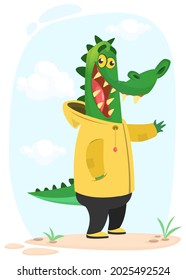 Cartoon funny and happy crocodile standing on the summer meadow. Vector illustration isolated