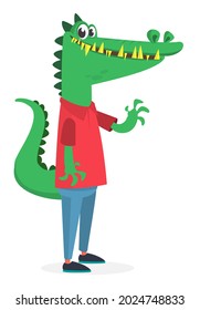 Cartoon funny and happy crocodile wearing modern fancy style clothes. Vector illustration of aligator  isolated. Anthropomorphic.