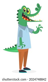 Cartoon funny and happy crocodile wearing modern fancy style clothes. Vector illustration of aligator  isolated. Anthropomorphic.