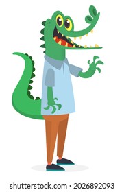 Cartoon funny and happy crocodile wearing modern fancy style clothes. Vector illustration of aligator  isolated. Anthropomorphic.