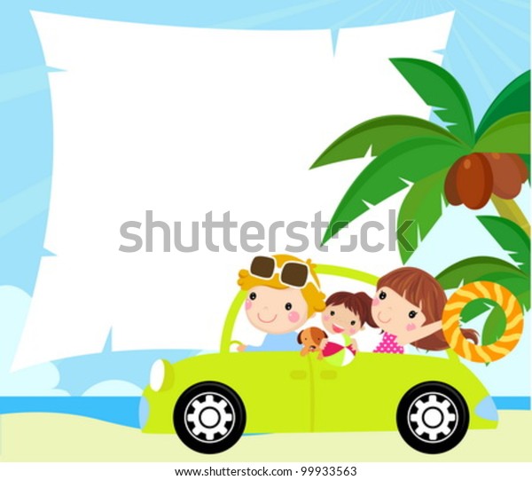 \
cartoon funny happy family goes on holiday by\
car