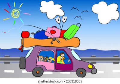 cartoon funny happy family travel in the car vector illustration