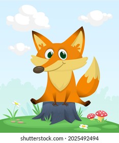 Cartoon funny and happy fox standing on the summer meadow on the tree stump. Vector illustration isolated