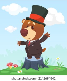 Cartoon funny and happy fox standing on the summer meadow on the tree stump wearing toxedo and cylinder hat. Vector illustration isolated