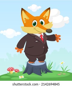 Cartoon funny and happy fox standing on the summer meadow on the tree stump wearing toxedo. Vector illustration isolated