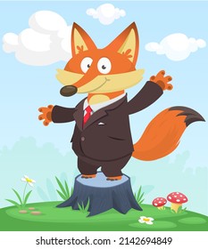 Cartoon funny and happy fox standing on the summer meadow on the tree stump wearing toxedo. Vector illustration isolated