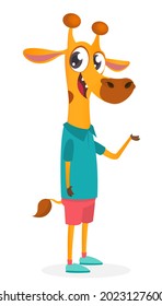 Cartoon funny and happy giraffe wearing modern fancy style clothes. Vector illustration isolated. Anthropomorphic.