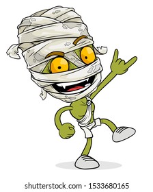 Cartoon funny happy green egyptian rock and roll mummy boy character with bandage. Layered EPS ready for animations. Isolated on white background. Halloween Vector icon.