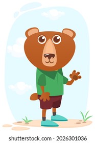 Cartoon funny and happy grizzly bear standing on the summer meadow. Vector illustration isolated