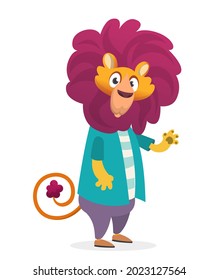 Cartoon funny and happy lion wearing modern fancy style clothes. Vector illustration isolated. Anthropomorphic.