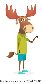 Cartoon funny and happy moose elk wearing modern fancy style clothes. Vector illustration isolated. Anthropomorphic.