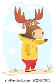 Cartoon funny and happy moose standing on the summer meadow. Vector illustration isolated