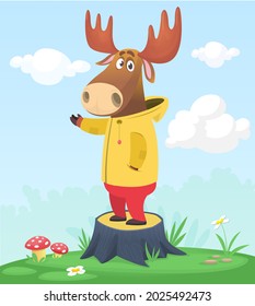 Cartoon funny and happy moose standing on the summer meadow on the tree stump. Vector illustration isolated