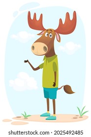 Cartoon funny and happy moose standing on the summer meadow. Vector illustration isolated