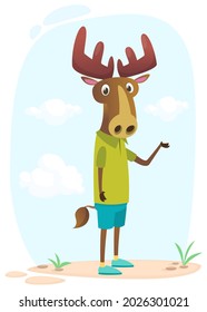 Cartoon funny and happy moose standing on the summer meadow. Vector illustration isolated