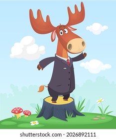 Cartoon funny and happy moose standing on the summer meadow on the tree stump. Vector illustration isolated