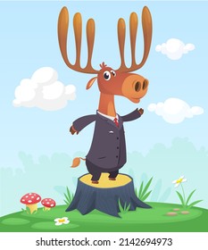 Cartoon funny and happy moose standing on the summer meadow on the tree stump. Vector illustration isolated