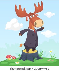 Cartoon funny and happy moose standing on the summer meadow on the tree stump. Vector illustration isolated