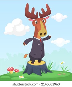 Cartoon funny and happy moose standing on the summer meadow on the tree stump. Vector illustration isolated