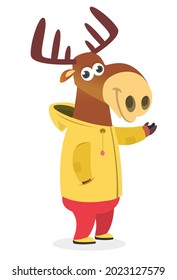 Cartoon funny and happy moose in a yellow rain coat. Elk wearing clothing. Vector illustration isolated. Anthropomorphic.