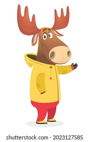 Cartoon funny and happy moose in a yellow rain coat. Elk wearing clothing. Vector illustration isolated. Anthropomorphic.