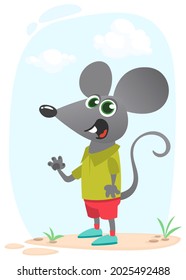 Cartoon funny and happy mouse standing on the summer meadow on the tree stump. Vector illustration isolated