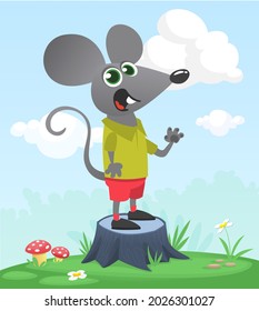 Cartoon funny and happy mouse standing on the summer meadow on the tree stump. Vector illustration isolated