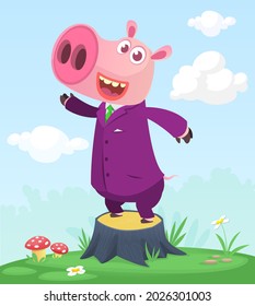 Cartoon funny and happy pig standing on the summer meadow on the tree stump. Vector illustration isolated