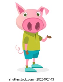 Cartoon funny and happy pig wearing modern fancy style clothes. Vector illustration isolated. Anthropomorphic.