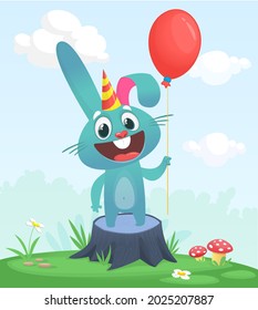 Cartoon funny and happy rabbit standing on the summer meadow on the tree stump. Vector illustration of easter bunny hare isolated