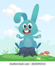 Cartoon funny and happy rabbit standing on the summer meadow on the tree stump. Vector illustration of easter bunny hare isolated
