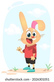 Cartoon funny and happy rabbit standing on the summer meadow. Vector illustration of easter bunny hare isolated