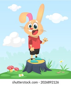 Cartoon funny and happy rabbit standing on the summer meadow on the tree stump. Vector illustration of easter bunny hare isolated