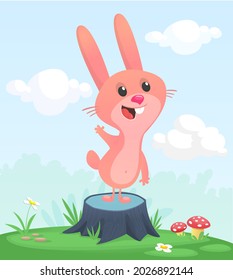 Cartoon funny and happy rabbit standing on the summer meadow on the tree stump. Vector illustration of easter bunny hare isolated