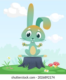 Cartoon funny and happy rabbit standing on the summer meadow on the tree stump. Vector illustration of easter bunny hare isolated