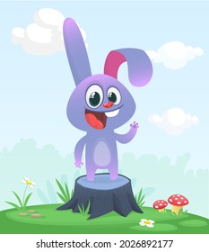 Cartoon funny and happy rabbit standing on the summer meadow on the tree stump. Vector illustration of easter bunny hare isolated