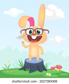 Cartoon funny and happy rabbit standing on the summer meadow on the tree stump. Vector illustration of easter bunny hare isolated