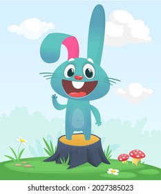 Cartoon funny and happy rabbit standing on the summer meadow on the tree stump. Vector illustration of easter bunny hare isolated