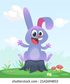 Cartoon funny and happy rabbit standing on the summer meadow on the tree stump. Vector illustration of easter bunny hare isolated