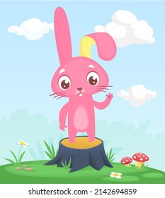 Cartoon funny and happy rabbit standing on the summer meadow on the tree stump. Vector illustration of easter bunny hare isolated